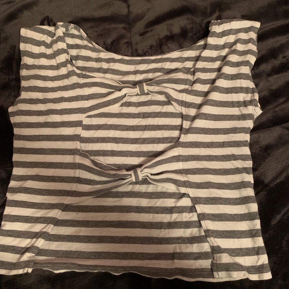 open back grey and white striped shirt
